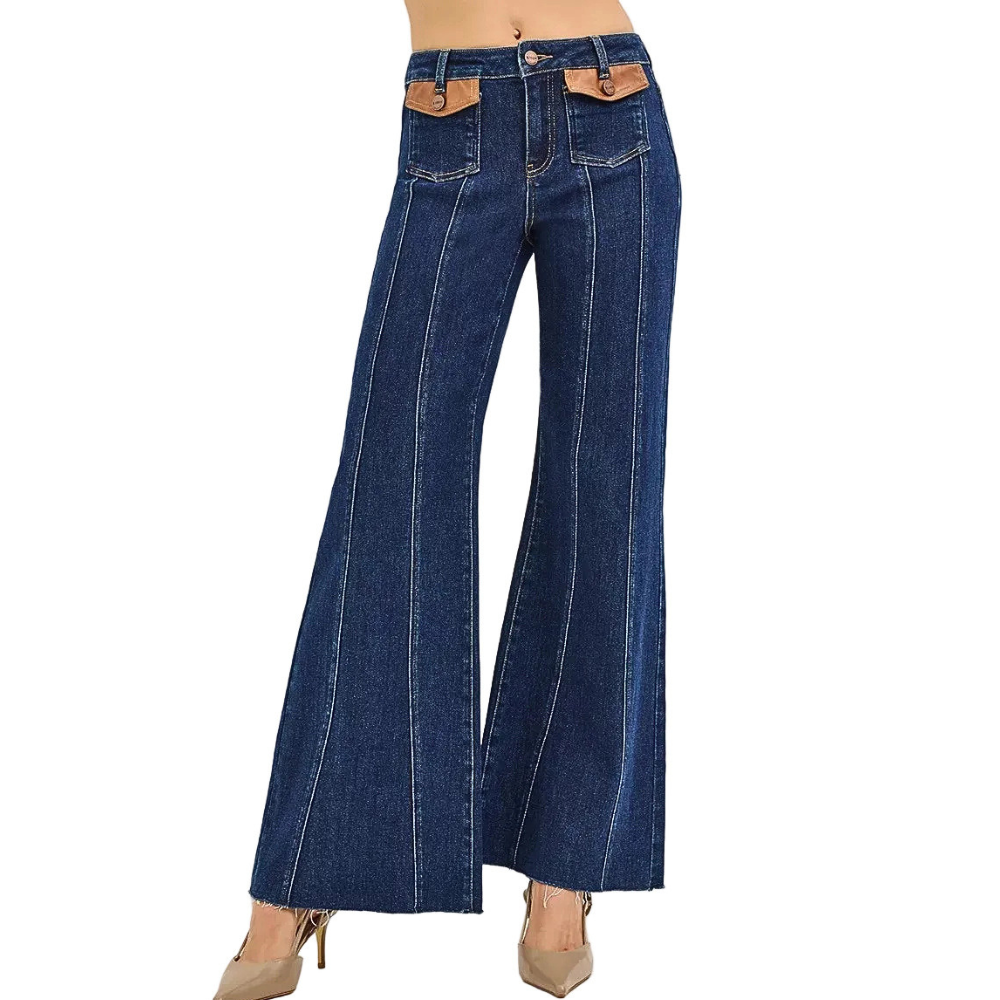 RISEN Wide Flare Jeans High Rise Front Leather Pocket Dark Wash Denim