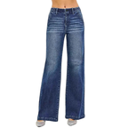 RISEN Wide Leg Jeans Casual High Rise Slash Pockets Dark Blue Denim Pants