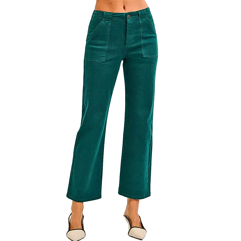 RISEN Ankle Flare Jeans High Rise Hunter Green Front Patch Pockets Denim Trousers