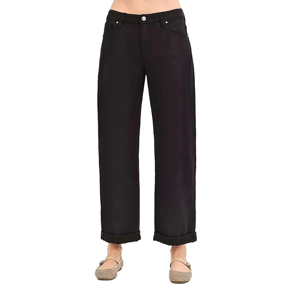RISEN Baggy Jeans Black Roll Hem Mid Rise Casual Tummy Control Denim Pants