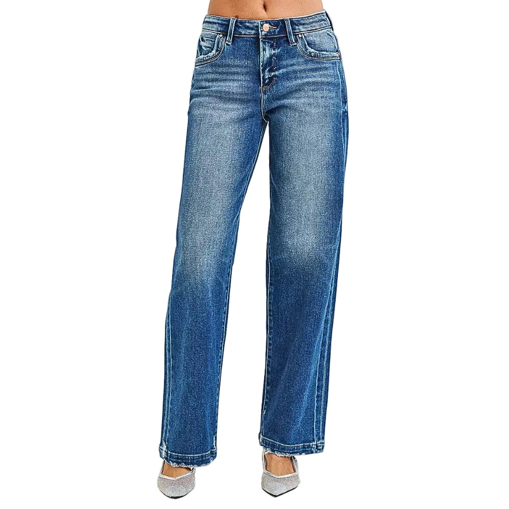RISEN Baggy Jeans Casual Mid Rise Dark Blue Wash Denim Pants