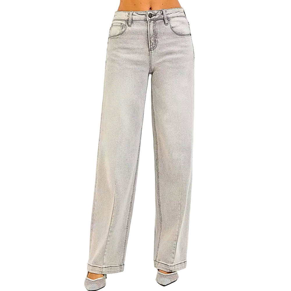 RISEN Baggy Jeans Light Gray High Rise Slouchy Contrast Stitch Casual Denim Pants