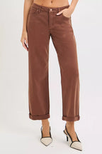 RISEN Baggy Pants Brown Tummy Control Mid Rise Ankle Barrel Plus Sizes COCOA RISEN_Baggy_Pants_Brown_Tummy_Control_Mid_Rise_Ankle_Barrel_Plus_Sizes Trendsi