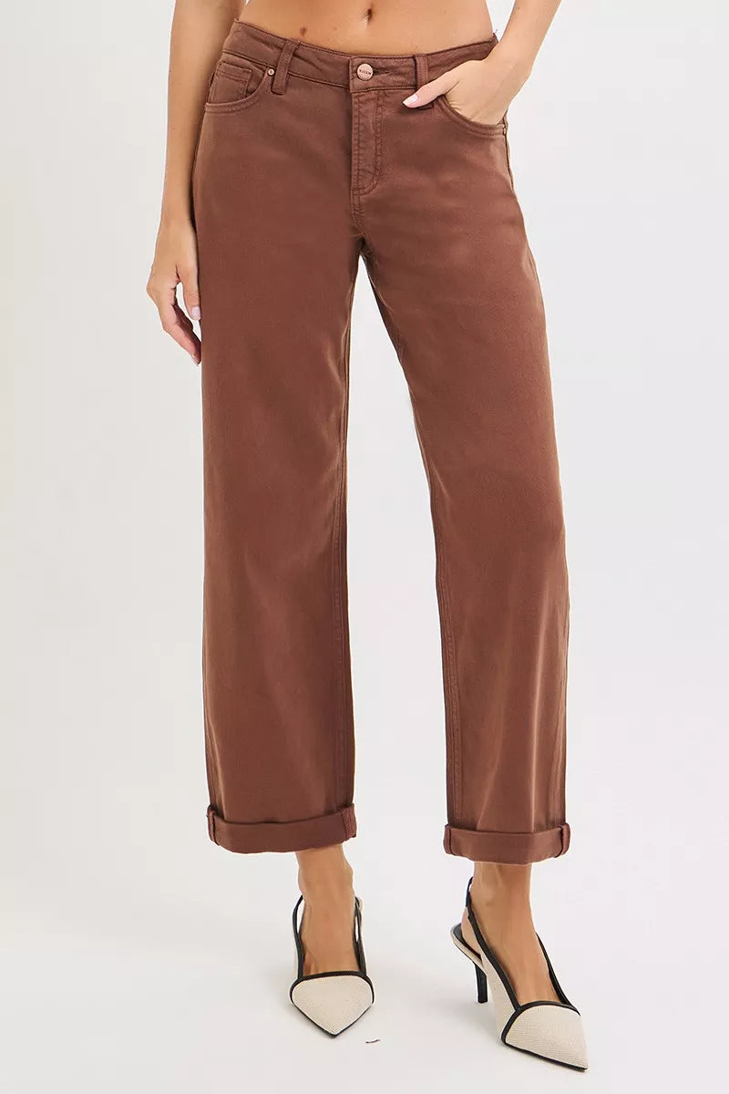 RISEN Baggy Pants Brown Tummy Control Mid Rise Ankle Barrel Plus Sizes COCOA