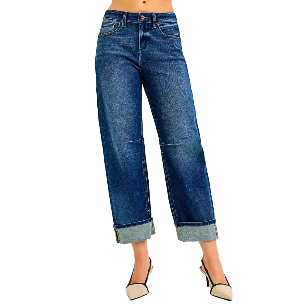 RISEN Barrel Cuffed Jeans Crop Dark Washed Denim High Waisted Casual Trousers