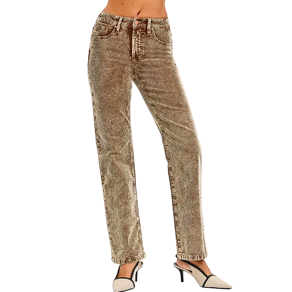RISEN Corduroy Straight Leg Pants Mocha Tummy Control Mid Rise Cotton Trousers