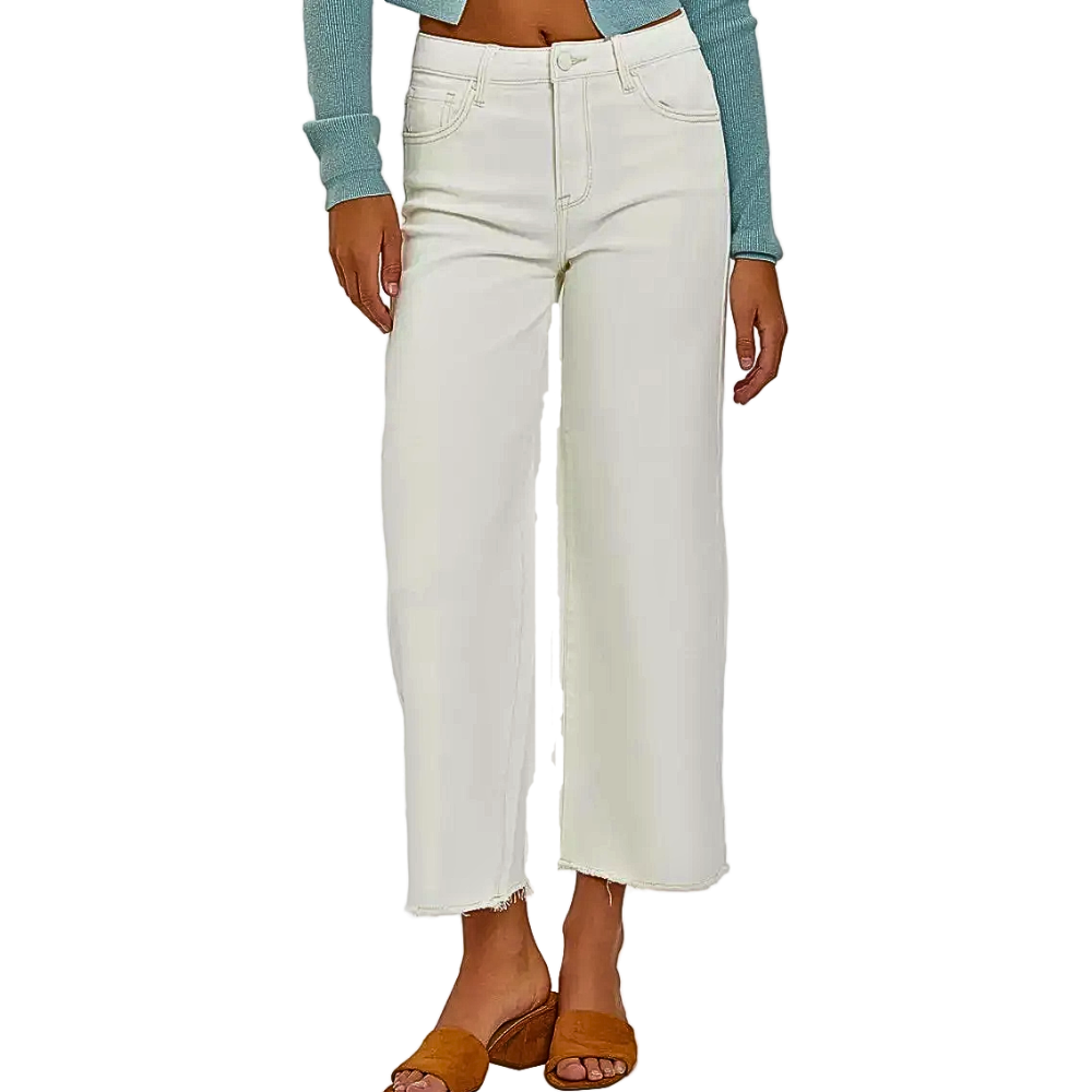 RISEN Crop Jeans Wide Leg Cream White Tummy Control High Rise Trousers