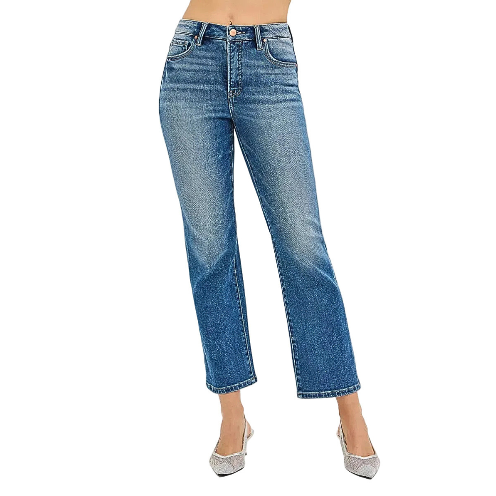 RISEN Crop Straight Jeans High Rise Tummy Control Casual Medium Blue Denim