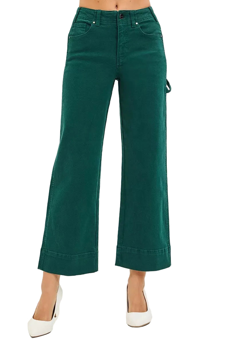 RISEN Crop Wide Leg Jeans Green Women’s Stretch Denim Tummy Control High Rise  -Styleinger