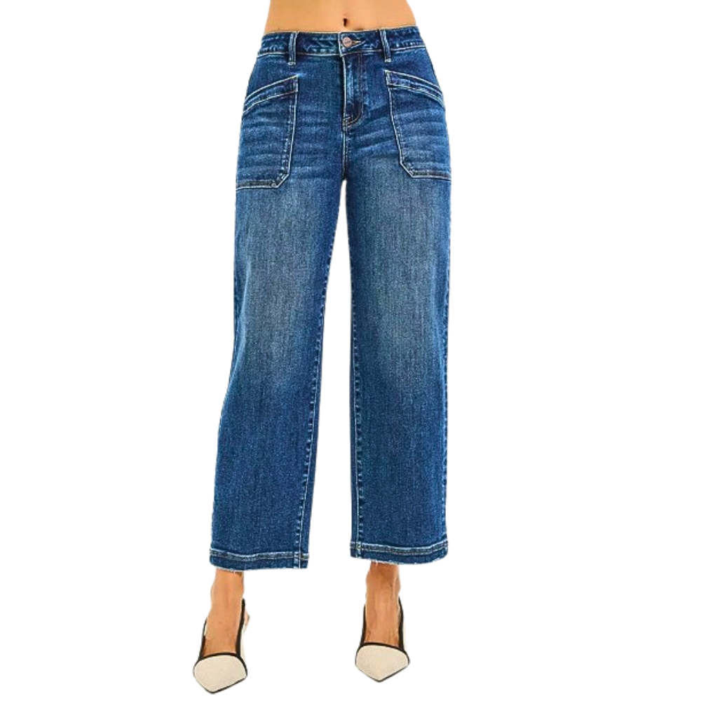 RISEN Cropped Baggy Jeans High Waisted Dark Wash Denim Comfort Pants