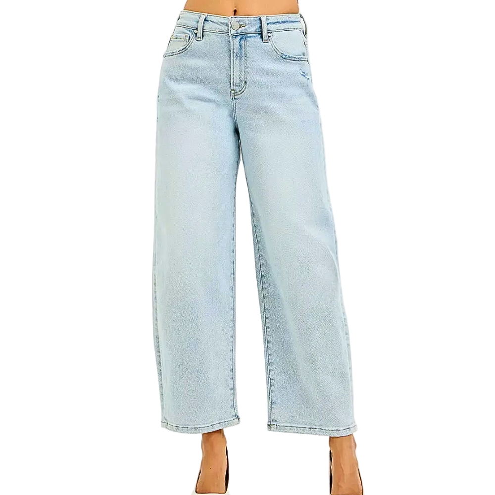 RISEN Cropped Barrel Jeans Light Blue Wash High Rise Denim Casual Comfort Pants