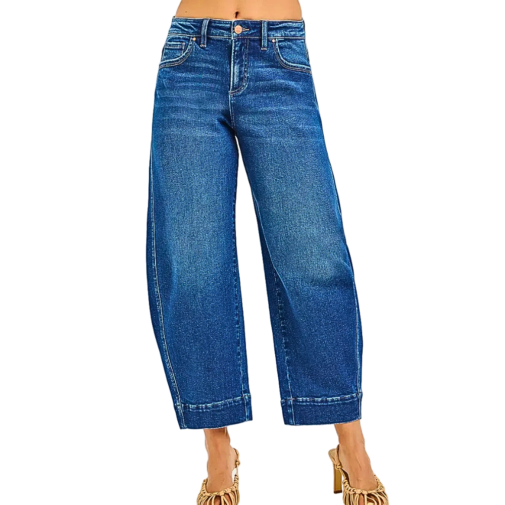 RISEN Cropped Barrel Jeans Mid Rise Dark Wash Denim Casual Fashion Comfort Pants