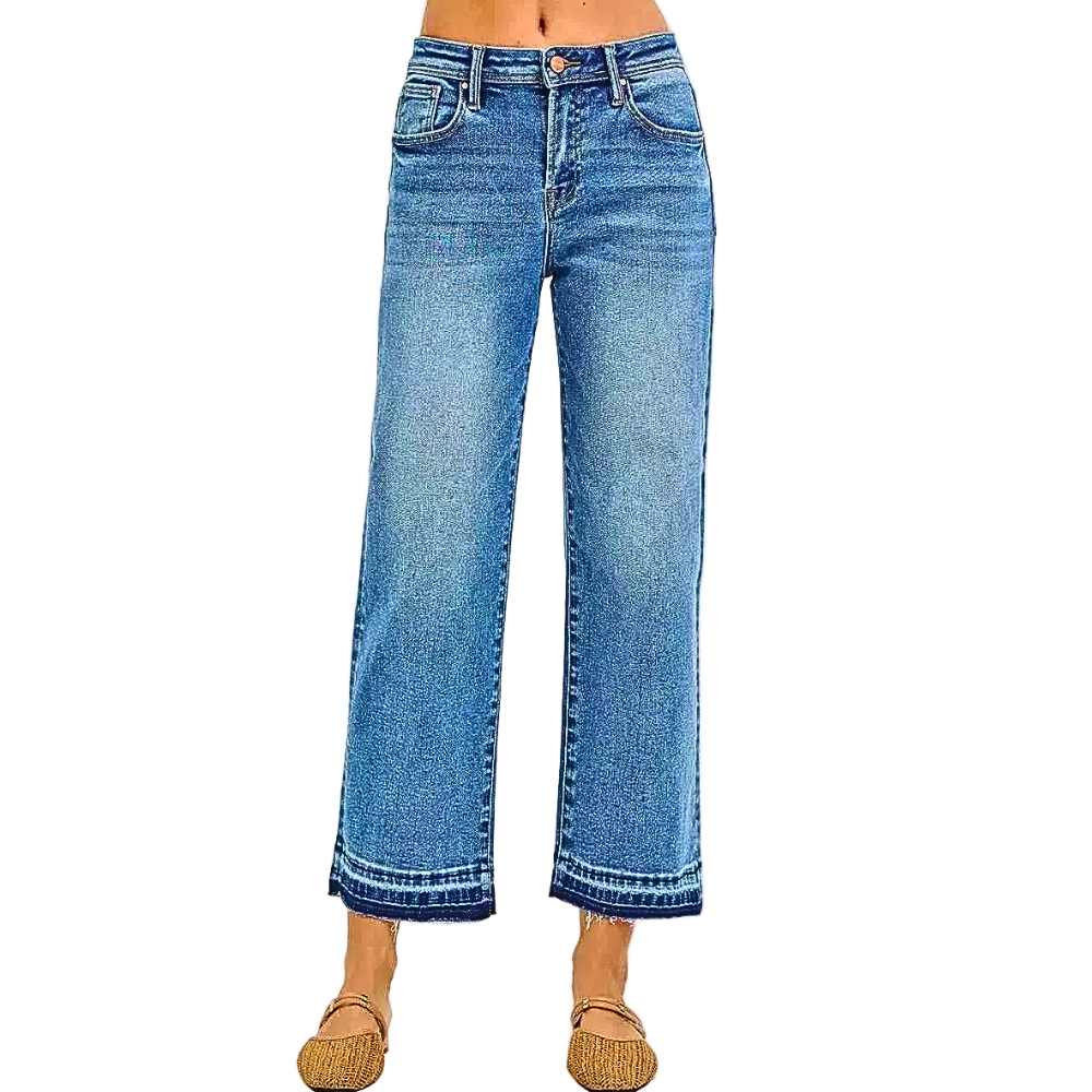 RISEN Cropped Boyfriend Jeans Raw Hem Medium Wash Denim Pants Plus Sizes