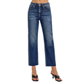 RISEN Cropped Jeans High Rise Slim Barrel Raw Hem Dark Wash Straight Denim Pants
