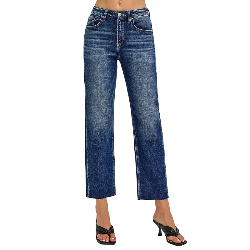 RISEN Cropped Jeans High Rise Slim Barrel Raw Hem Dark Wash Straight Denim Pants