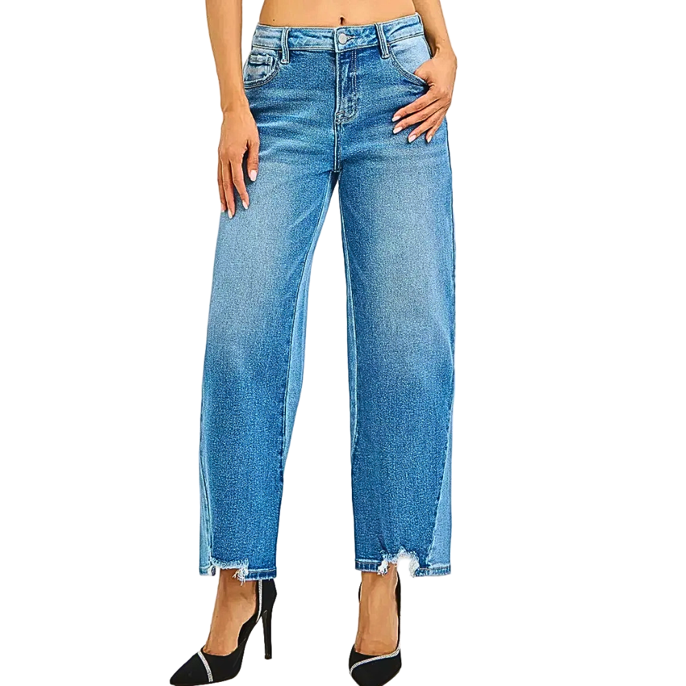 RISEN Cropped Wide Leg Jeans Distressed Hem Medium Dark Combo Denim Pants