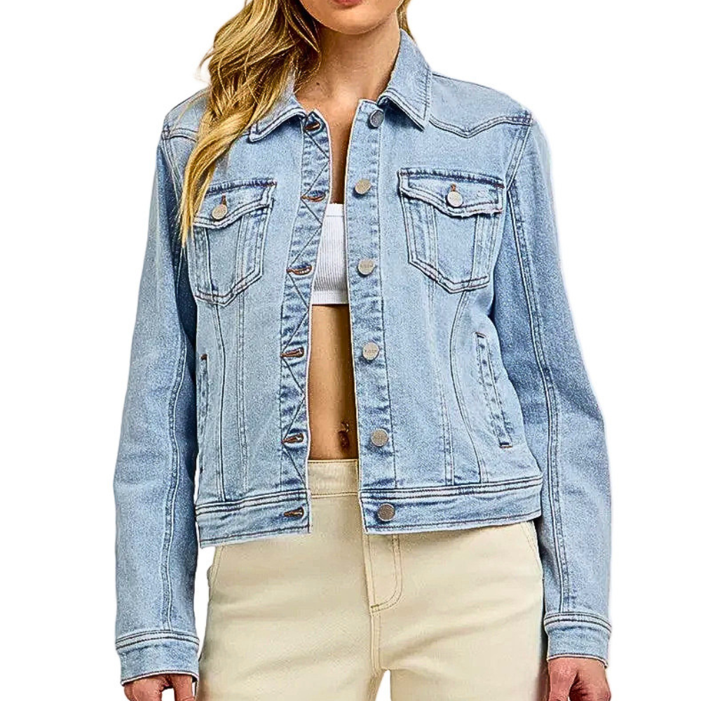 RISEN Denim Jacket Button-up Long Sleeve Casual Light Blue Wash Short Trucker