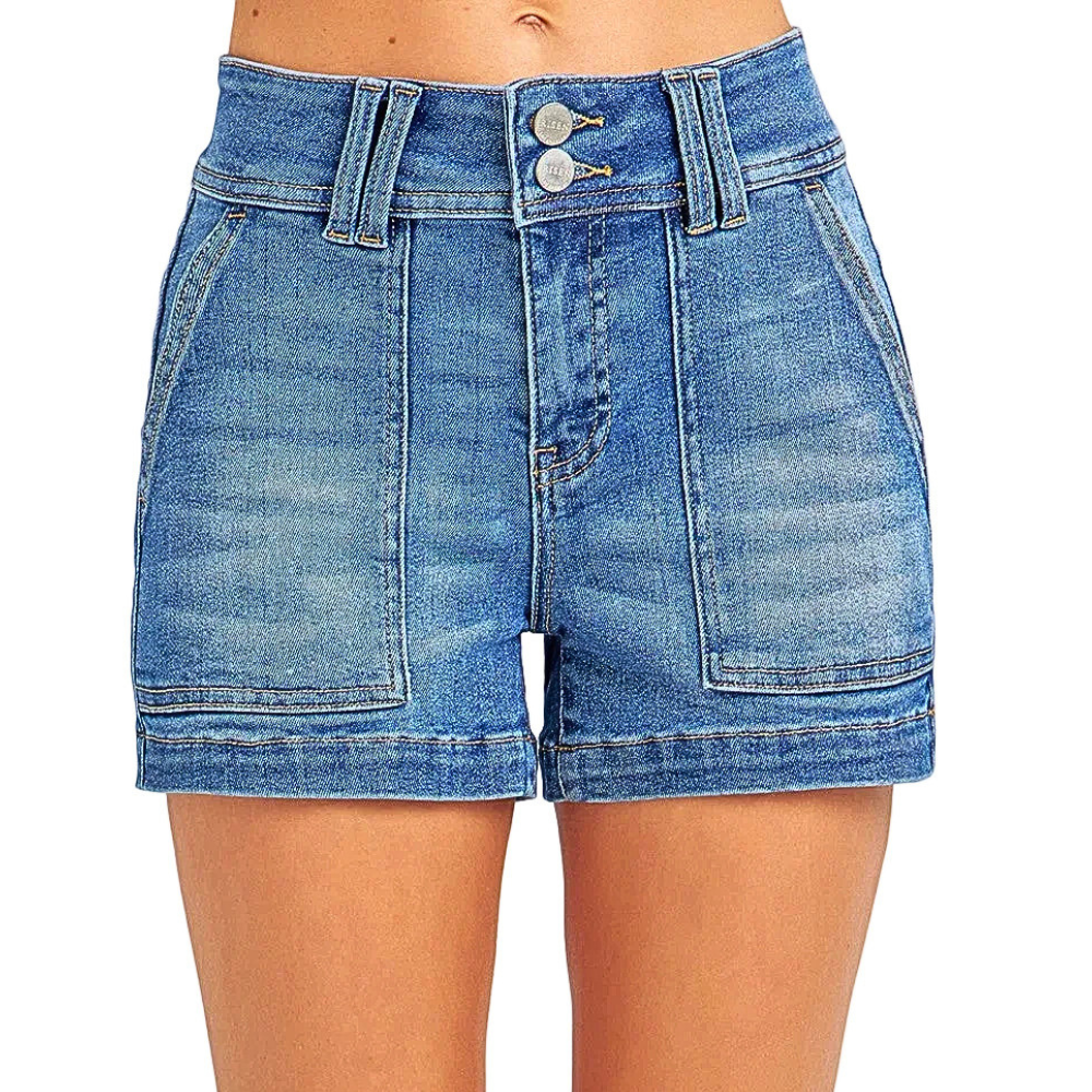 RISEN Denim Shorts High Waisted Double Button Front Pockets Medium Short Jeans