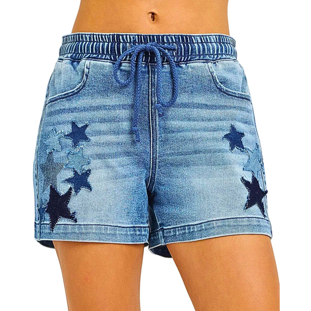 RISEN Denim Shorts Star Patch Elastic Waist Soft Medium Denim Wash Casual Cut Off