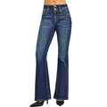 RISEN Flare Jeans High Waisted Double Button Dark Denim Wash Wide Leg Trousers