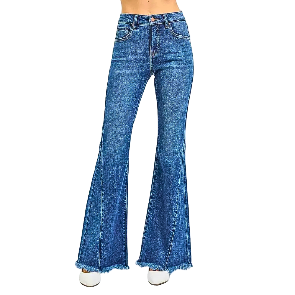 RISEN Flare Jeans Mid Rise Side Seam Wide Leg Raw Hem Casual Dark Wash Denim