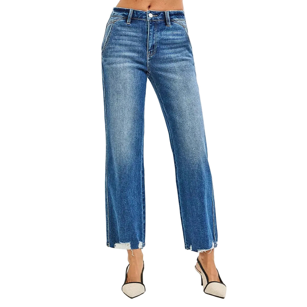 RISEN Jeans Ankle Straight High Rise Distressed Hem Dark Casual Denim Pants
