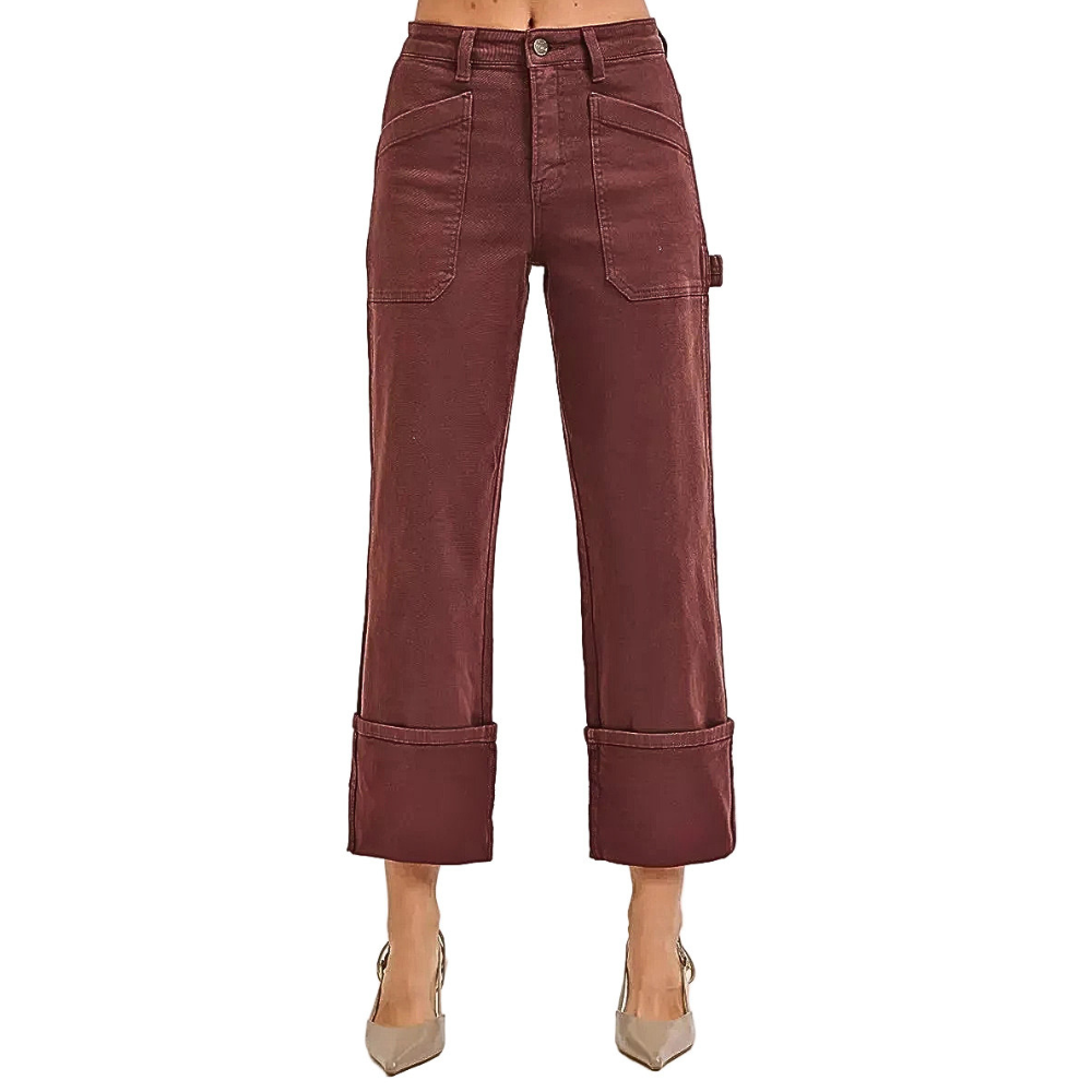 RISEN Jeans Crop Cuffed Choco Brown High Rise Wide StraightPatch Pockets