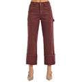 RISEN Jeans Crop Cuffed Choco Brown High Rise Wide StraightPatch Pockets