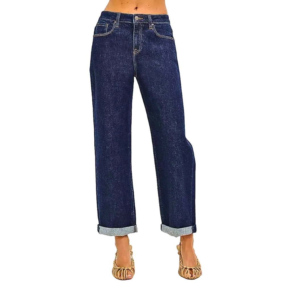 RISEN Jeans Cropped Boyfriend Cuff Hem Solid Dark Wash Denim Casual Pants