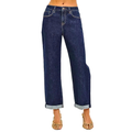 RISEN Jeans Cropped Boyfriend Cuff Hem Solid Dark Wash Denim Casual Pants