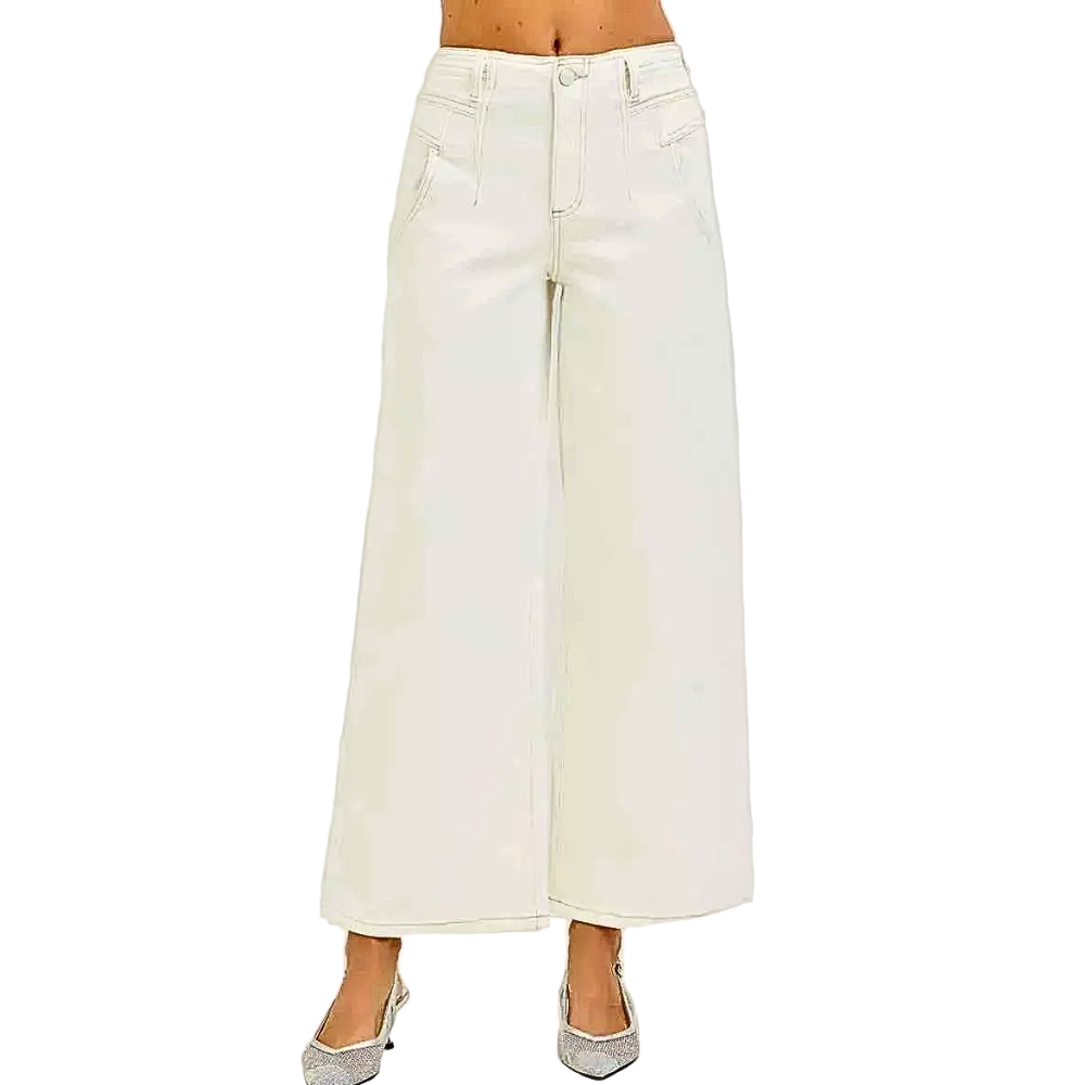RISEN Jeans Wide Leg High Rise Ankle Pants Cream White Casual Denim Trousers