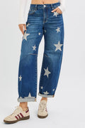 RISEN Star Printed Jeans Womens Mid Rise Ankle Length Relaxed Barrel DARK RISEN_Star_Printed_Jeans_Womens_Mid_Rise_Ankle_Length_Relaxed_Barrel Trendsi