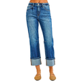 RISEN Straight Jeans Cuffed Crop High Rise Dark Wash Casual Denim Trousesrs