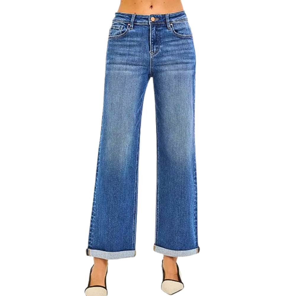 RISEN Straight Jeans High Waisted Cuff Hem Relaxed Medium Wash Denim Pants