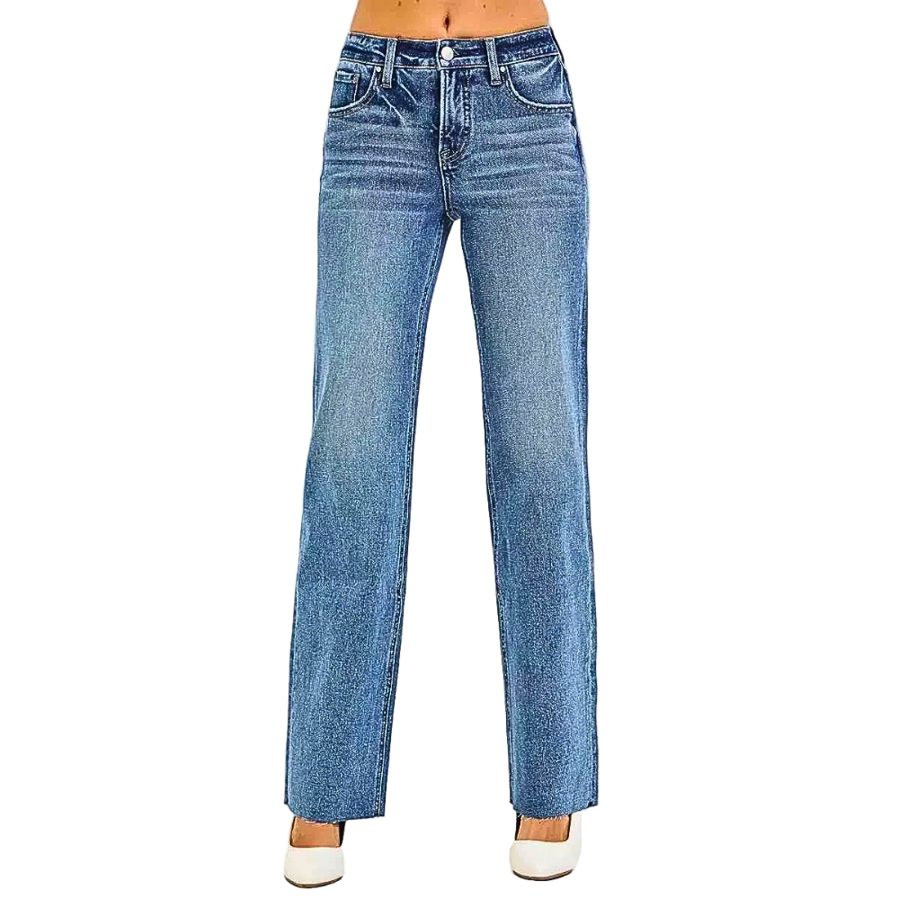 RISEN Straight Jeans Mid Rise Tummy Control Soft Comfort Stretch Dark Wash Denim