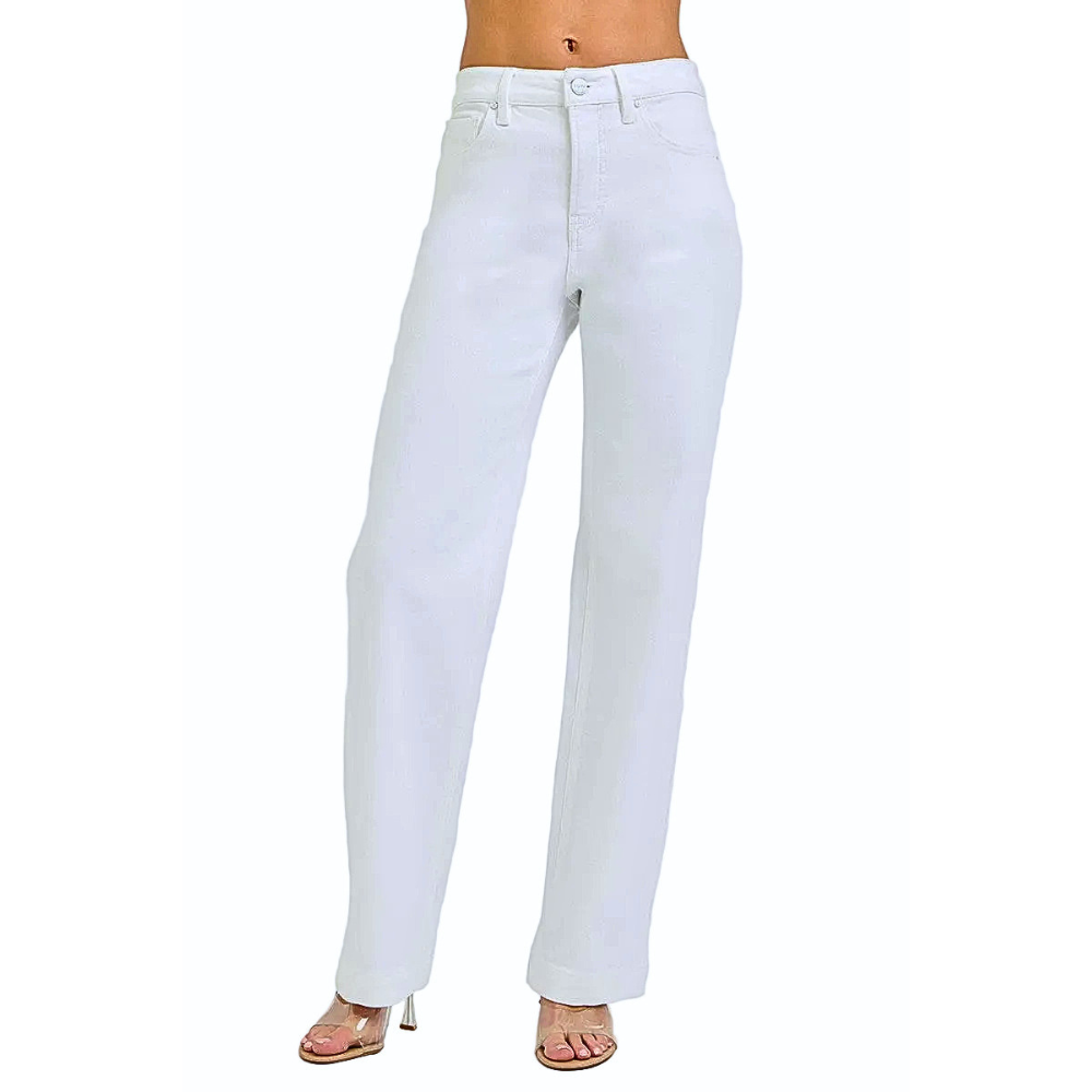RISEN White Baggy Jeans High-Rise Straight Casual Loose Denim Trousers