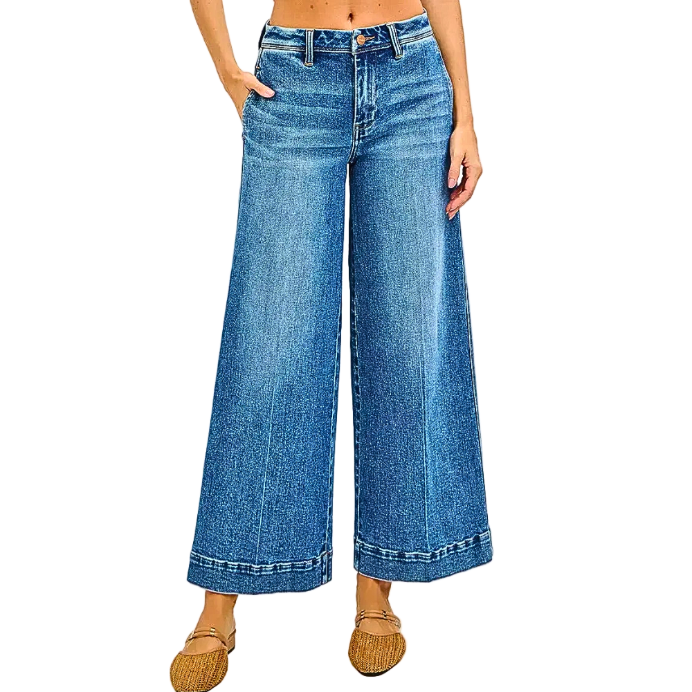 RISEN Wide Jeans Ankle Slouchy Dark Wash Flare Denim Slash Pockets Comfort Pants