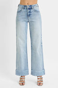 RISEN Women's Jeans Light Wash Tummy Control High Rise Ankle Wide Cuffed Light RISEN_Women_s_Jeans_Light_Wash_Tummy_Control_High_Rise_Ankle_Wide_Cuffed Trendsi
