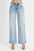 RISEN Women's Jeans Light Wash Tummy Control High Rise Ankle Wide Cuffed Light RISEN_Women_s_Jeans_Light_Wash_Tummy_Control_High_Rise_Ankle_Wide_Cuffed Trendsi