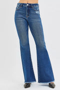 RISEN Womens Flare Jeans Dark Wash Raw Hem High Rise Denim Pants DARK RISEN_Womens_Flare_Jeans_Dark_Wash_Raw_Hem_High_Rise_Denim_Pants Trendsi