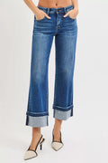 RISEN Womens Straight Jeans Mid Rise Ankle with Cuffed Hem DARK RISEN_Womens_Straight_Jeans_Mid_Rise_Ankle_with_Cuffed_Hem Trendsi