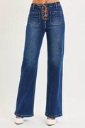 RISEN Womens Wide Leg Jeans High Rise with Front Tie Detail Plus Sizes DARK RISEN_Womens_Wide_Leg_Jeans_High_Rise_with_Front_Tie_Detail_Plus_Sizes Trendsi
