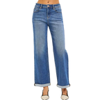 RISEN Straight Jeans High Waisted Cuff Hem Relaxed Medium Wash Denim Pants