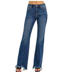 RISEN Jeans Raw Hem Flare Mid Rise Frayed Dark Wash Denim Pants Plus Sizes