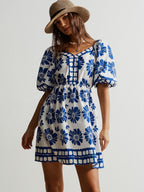 Babydoll Mini Floral Dress V-Neck Buttoned Ruffle Short Sleeve Royal Blue Ruched