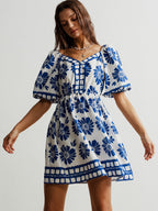 Babydoll Mini Floral Dress V-Neck Buttoned Ruffle Short Sleeve Royal Blue Ruched