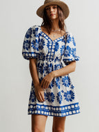 Babydoll Mini Floral Dress V-Neck Buttoned Ruffle Short Sleeve Royal Blue Ruched