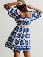 Babydoll Mini Floral Dress V-Neck Buttoned Ruffle Short Sleeve Royal Blue Ruched