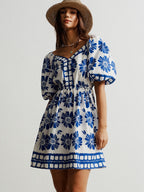 Babydoll Mini Floral Dress V-Neck Buttoned Ruffle Short Sleeve Royal Blue Ruched