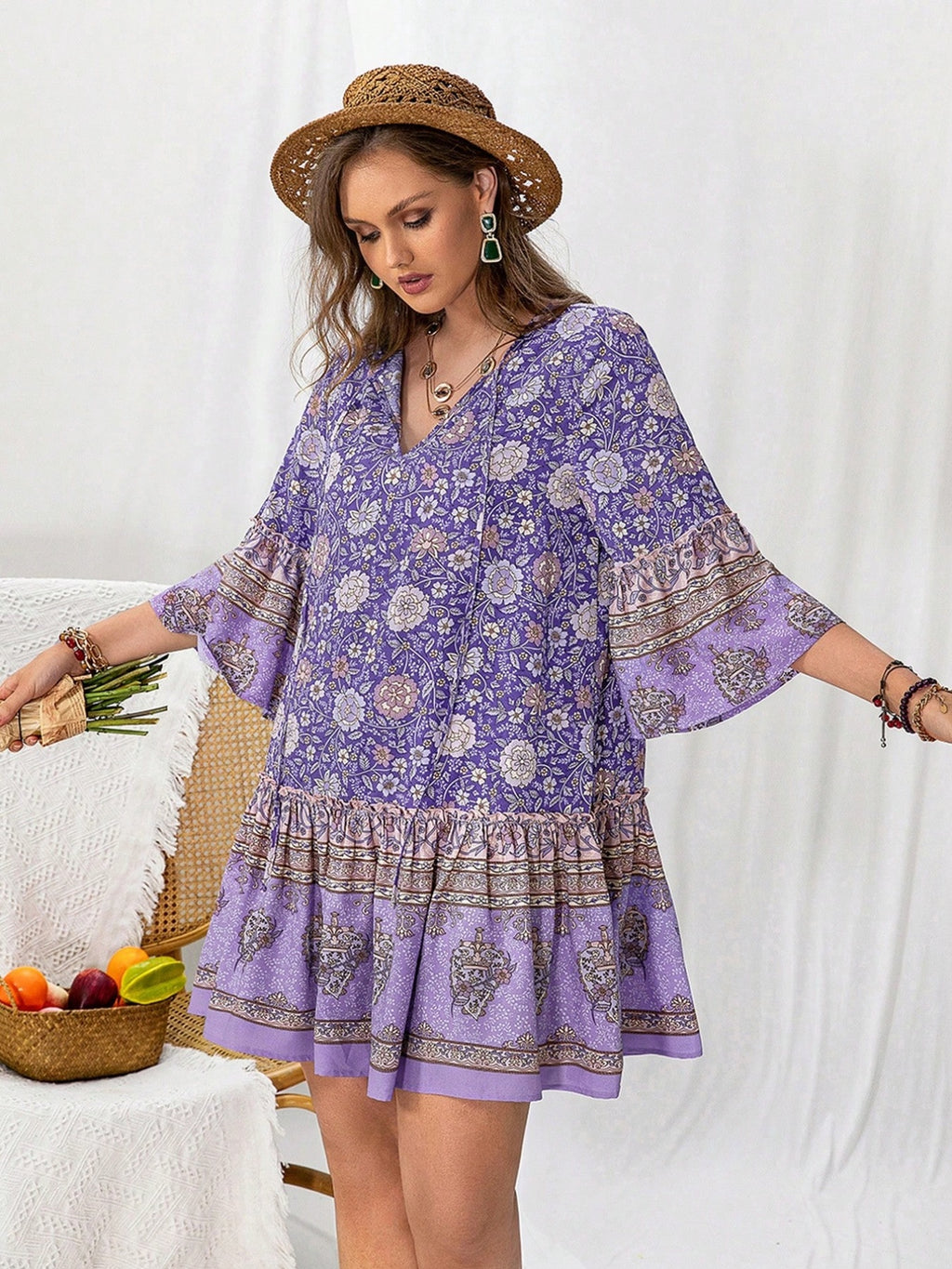 Plus Size Floral Mini Dress Lavender V-neck Ruffle 3/4 Sleeve Casual Summer